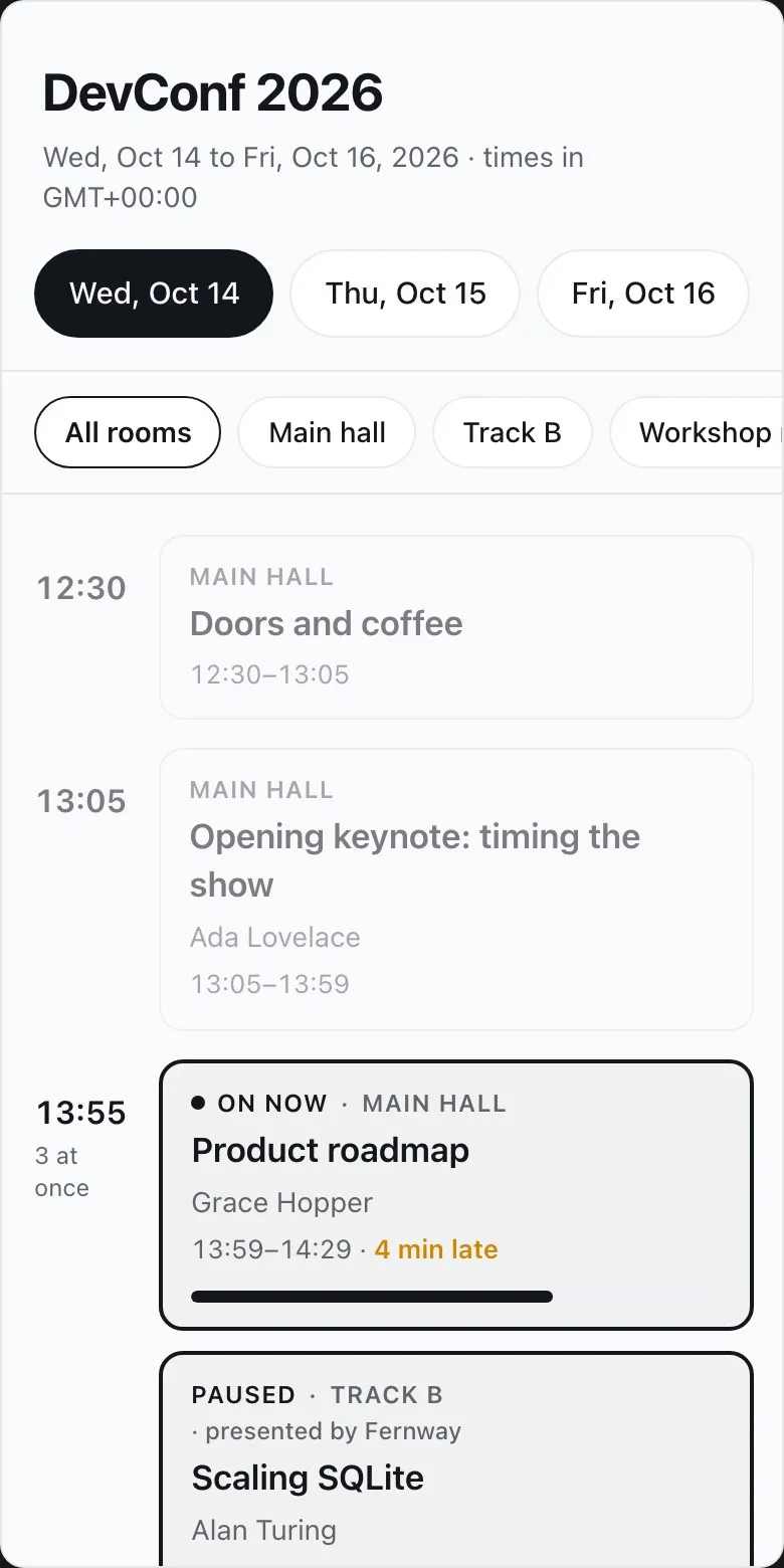 The attendee page of DevConf 2026 on a phone: the day's tabs, a chip for each room, and the sessions in time slots, the product roadmap on now in the main hall, four minutes late, and Scaling SQLite paused in Track B, presented by Fernway.