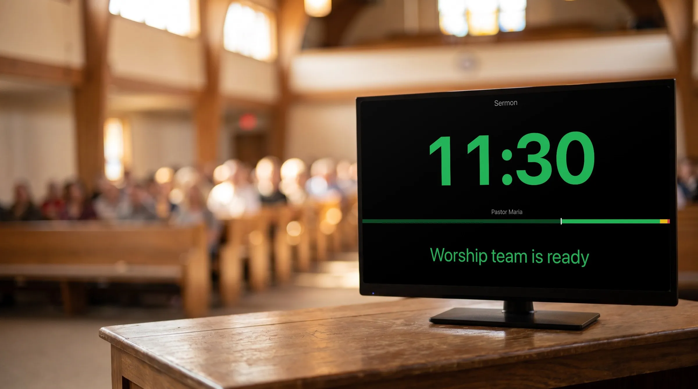 Illustration of a church platform: a monitor shows CueStride's real screen for the sermon, 11:30 left, and Worship team is ready in green.