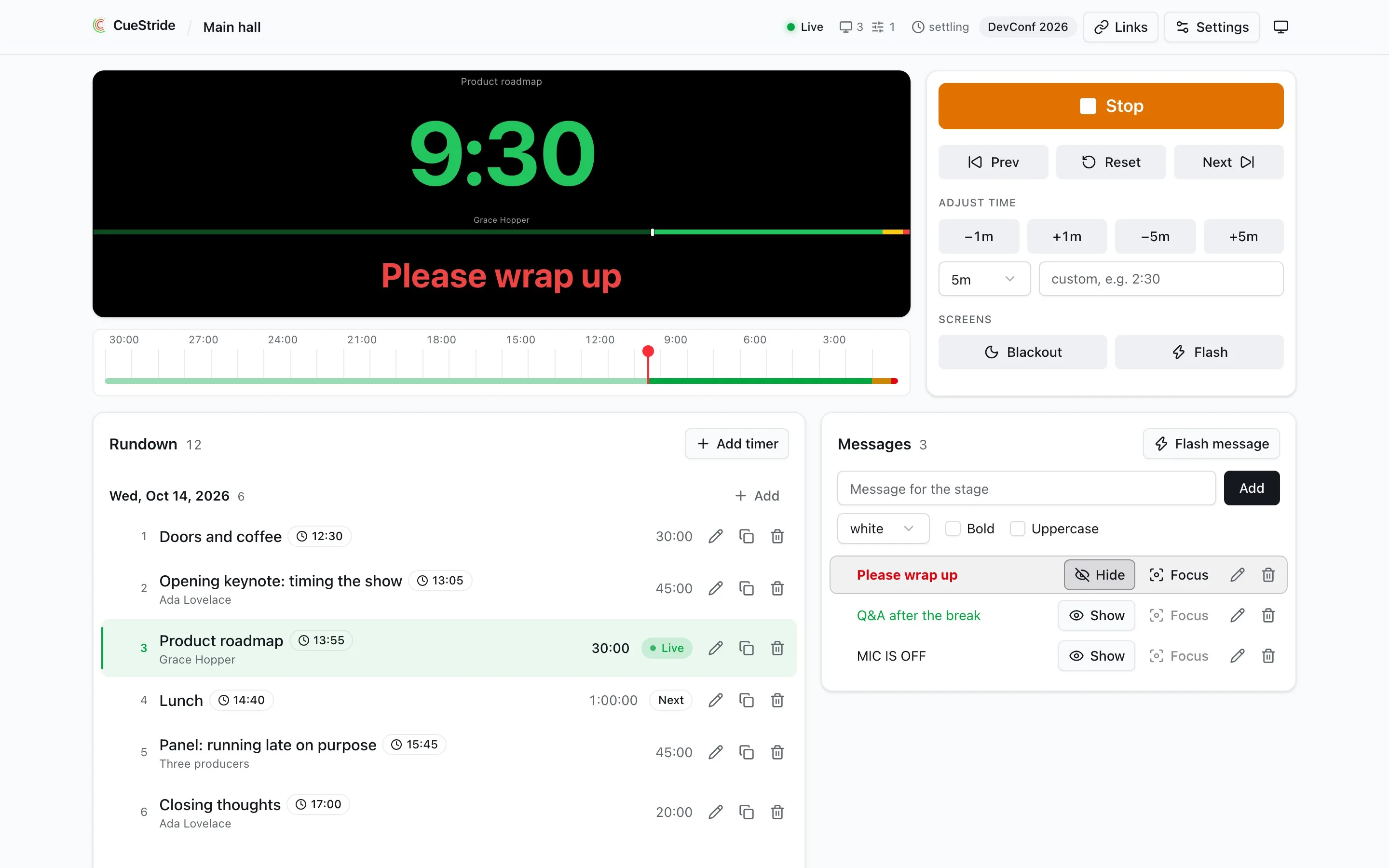 The CueStride controller running the main hall of a conference: the Product roadmap timer counting down, the timeline, the transport buttons, the rundown split by day, and the message Please wrap up live on the stage.