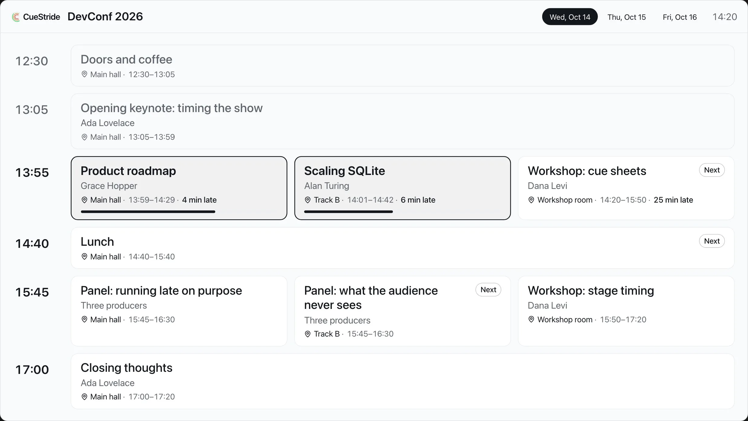 The attendee agenda for DevConf 2026: the day in time slots, with three sessions running in parallel and how late each room is running.