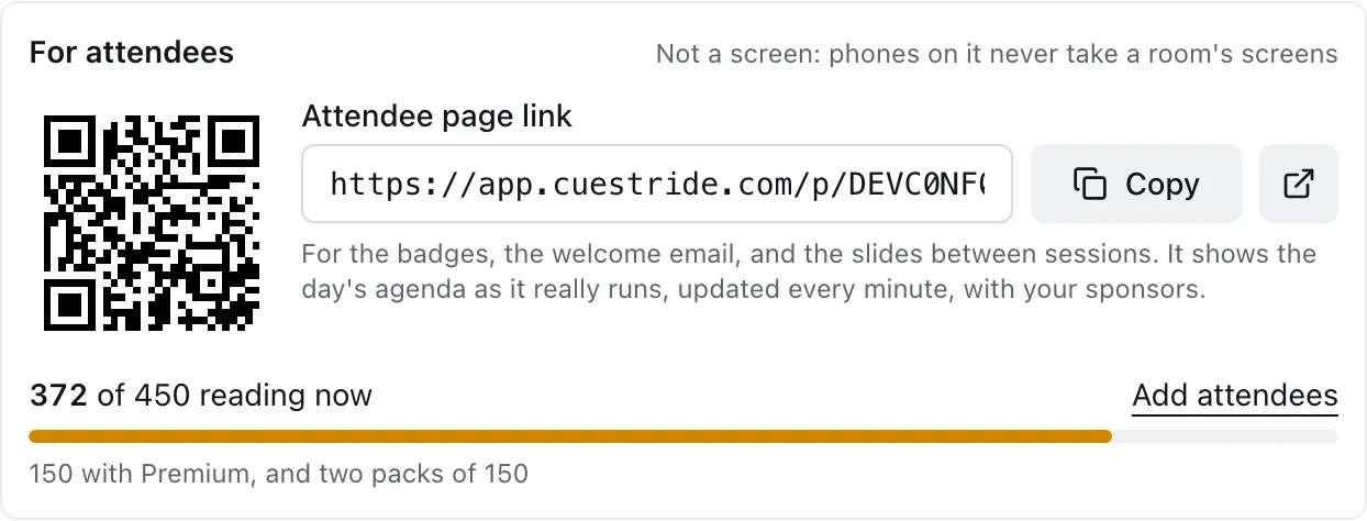 For attendees in DevConf 2026's Settings: the attendee page's QR code beside its link with Copy and Open, the phones reading now against the cap with an amber bar, Add attendees, and what the cap is made of below.