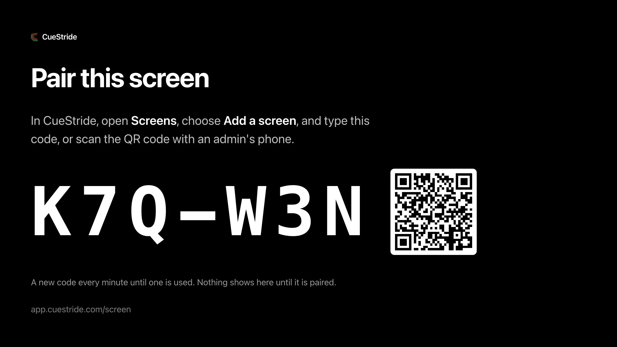 A TV showing Pair this screen, with the steps to follow, the code K7Q-W3N in large letters, and a QR code beside it.