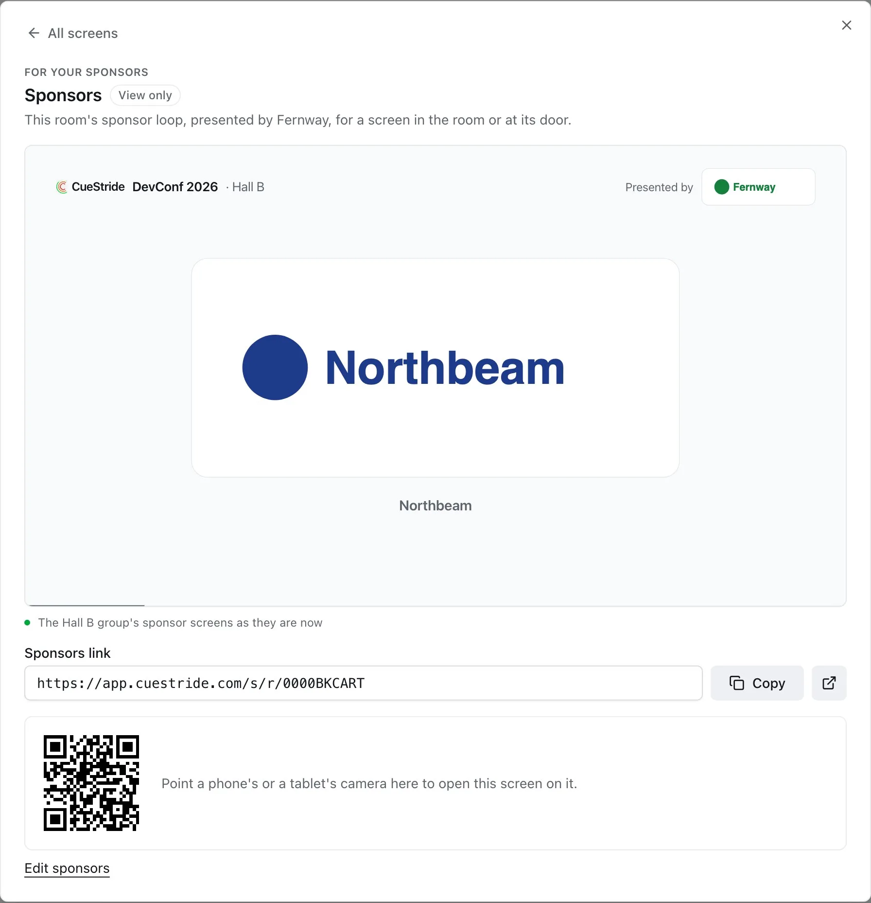 The Sponsors page of a room's Share a screen: Hall B's sponsor loop, presented by Fernway, larger, with its link, Copy, Open, the link's QR code, and Edit sponsors.