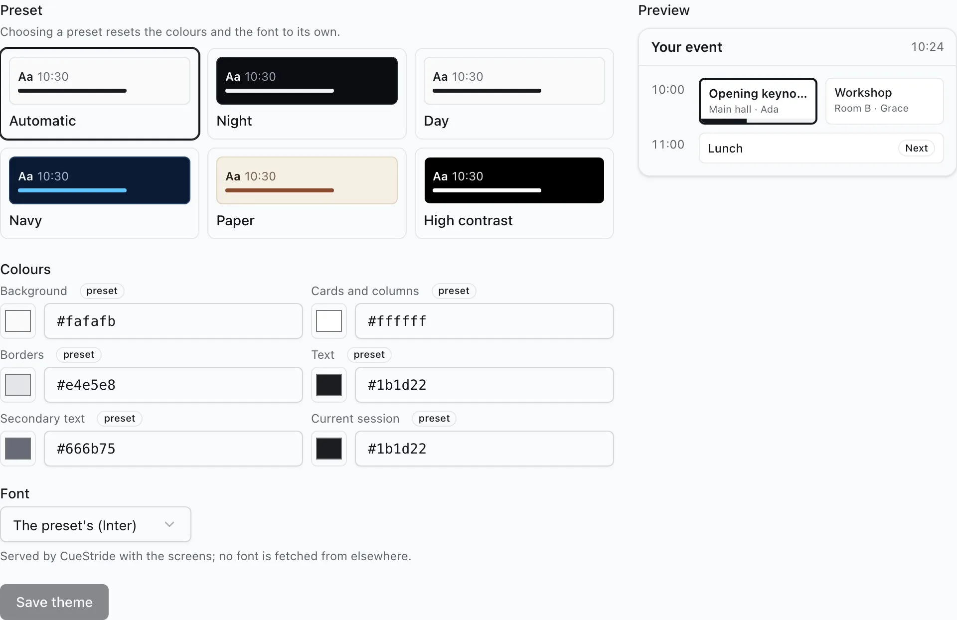 The screen theme editor: six presets, colour pickers for background, cards, borders, text, secondary text, and the current session, a font menu, and a live preview.